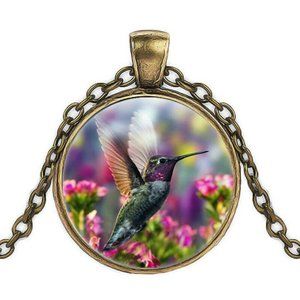 Gold Hummingbird Cabochon Pendant Necklace 20" Gift